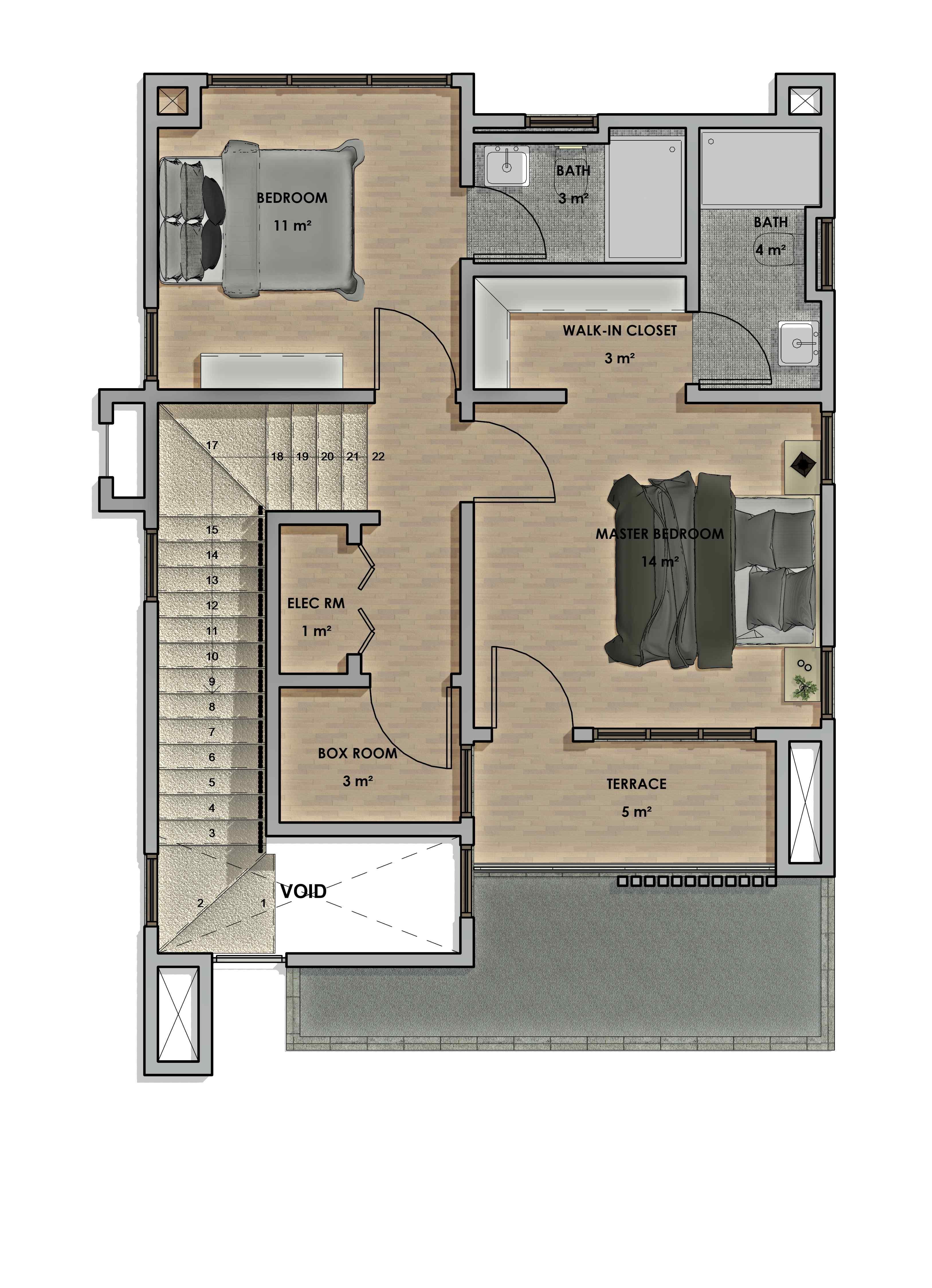 2 Bedroom first floor plan (70 sqm)