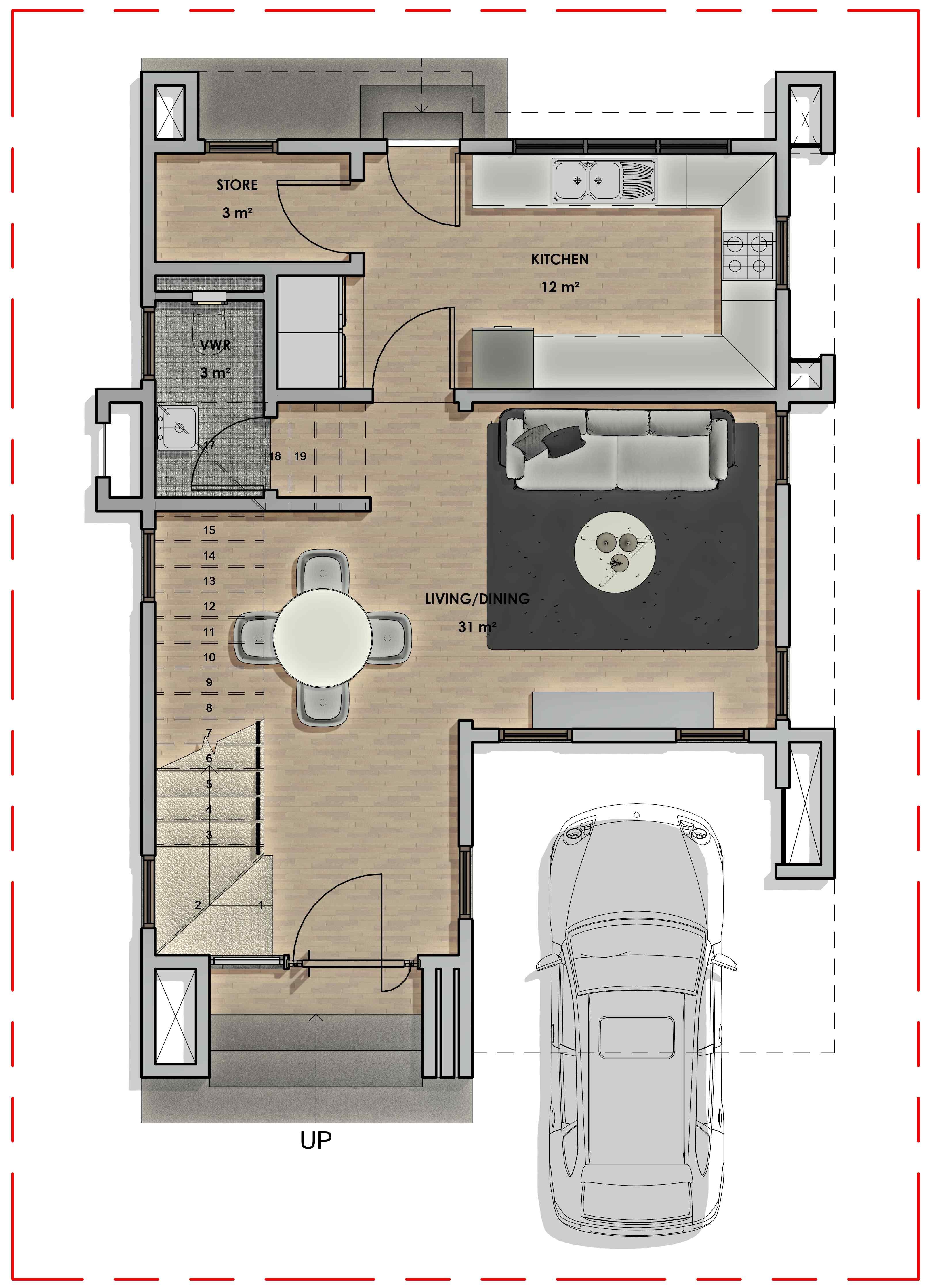 2 Bedroom ground floor plan (67 sqm)