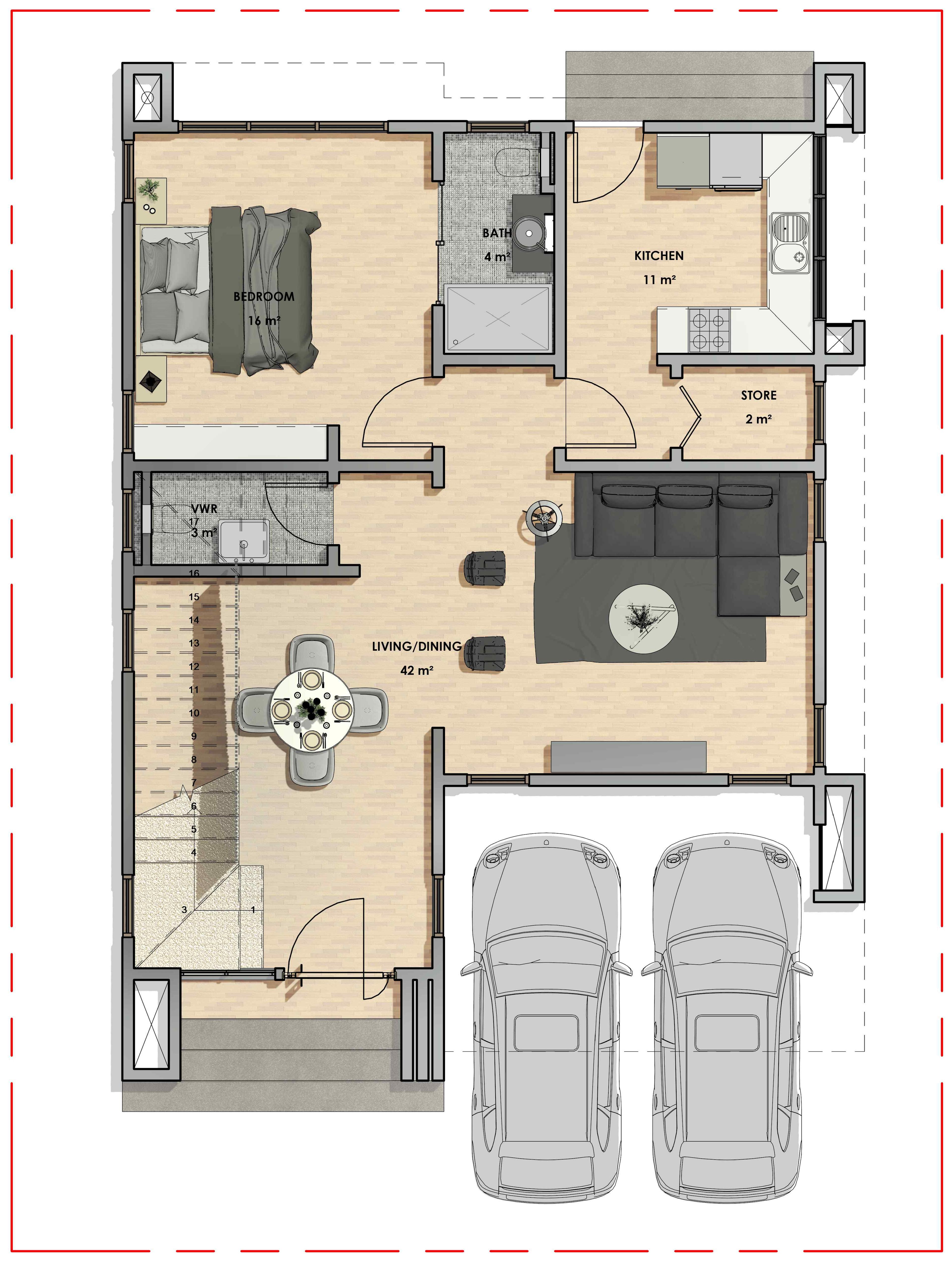 3 Bedroom ground floor plan (98 sqm)